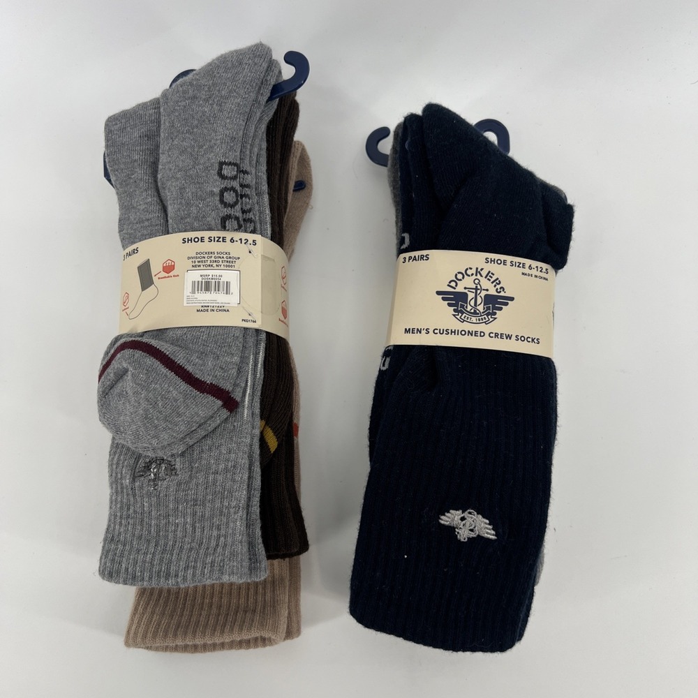DOCKERS | Mens 6 PAIRS Black Plain Solid Cushioned Crew Socks Shoe Size 6-12.5